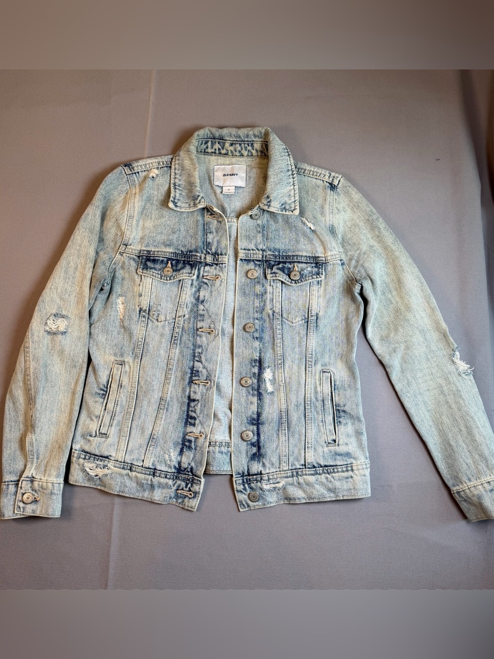Old Navy Womens szXS Light Blue Distressed Denim Jacket Slim Fit Soft WornInFeel